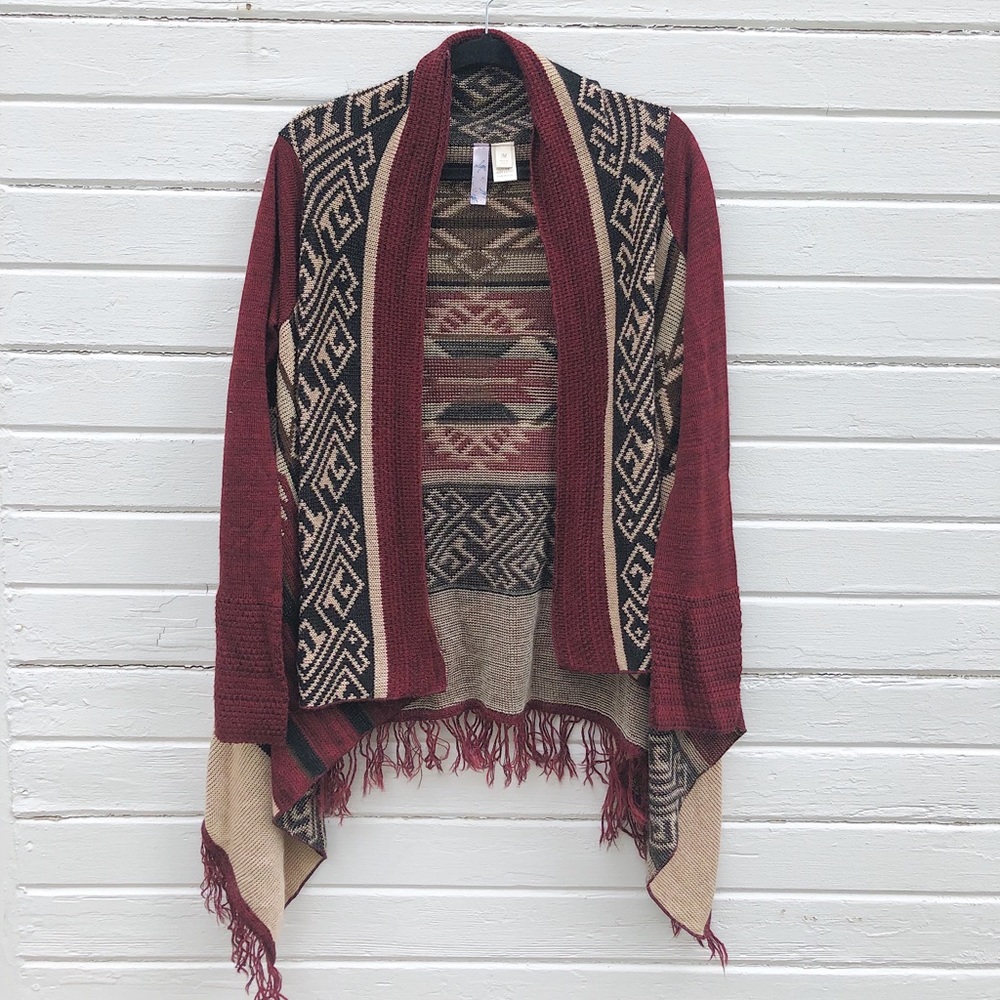 Alya Burgundy Black Aztec Fringe Cardigan Size M